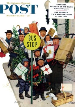 Crowd with Christmas packages waiting for bus