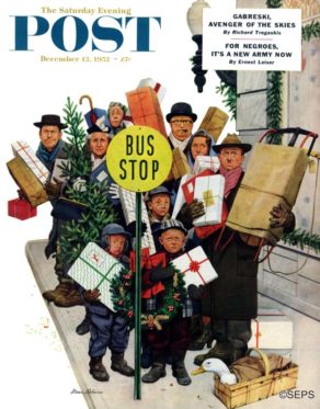 Crowd with Christmas packages waiting for bus
