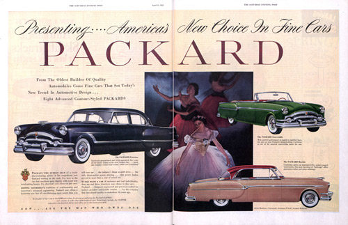 A Packard car ad. Three automobiles are superimposed on an image of ballerinas.