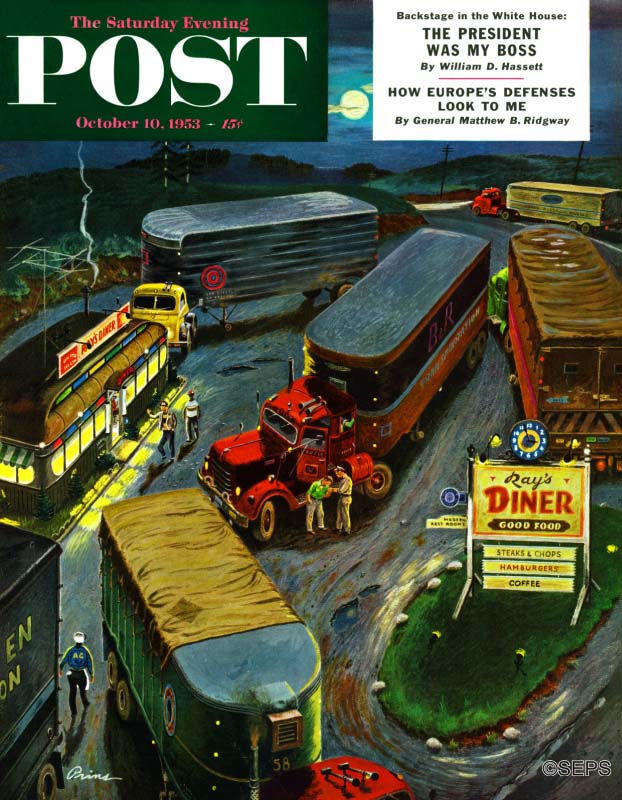 Truck stop diner at night