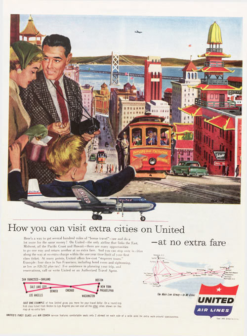 A magazine ad for United Airlines featuring a family enjoying San Francisco