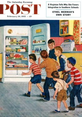 Boys raiding refrigerator of party food