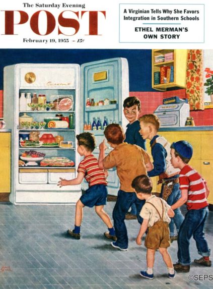 Boys raiding refrigerator of party food