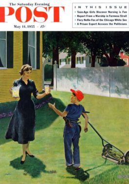 Mom giving lemonade to lawn mowing son