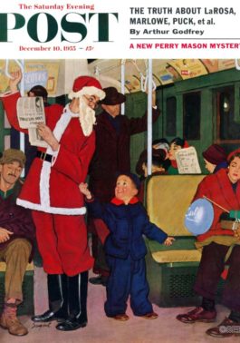 Little boy gives Santa his subway seat