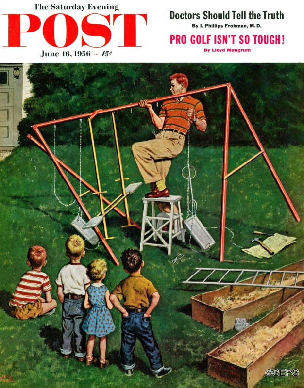 Father struggling to erect swing set