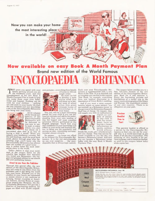 Ad for Encyclopedia Britannica from the August 17, 1957 issue of The Saturday Evening Post.