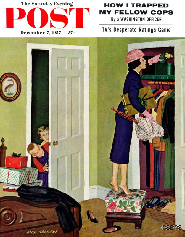 A mother tries to hide her sons' Christmas presents in her bedroom closet, but the kids are peeking on her through an open door.