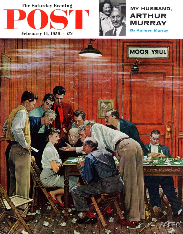 In Norman Rockwell's cover, a lone woman juror sits firmly in a smoke filled jury room as the 11 others, all men, try to convince her to change her vote.