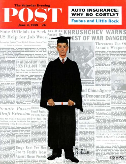 A college graduate in cap and gown holds a diploma in front of a collage of newspaper clippings.