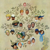 Illustration of Norman Rockwell's family tree, showing members in stylized period dress. At the roots of the tree, his ancestors are pirates. At the top is a young child.