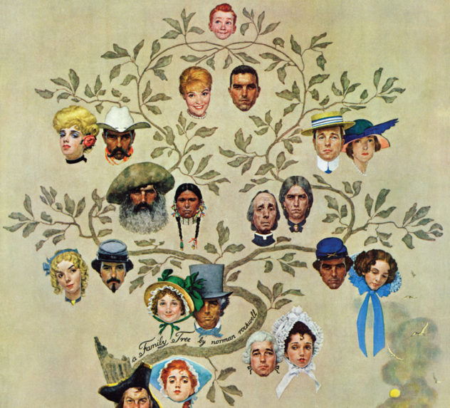 Illustration of Norman Rockwell's family tree, showing members in stylized period dress. At the roots of the tree, his ancestors are pirates. At the top is a young child.