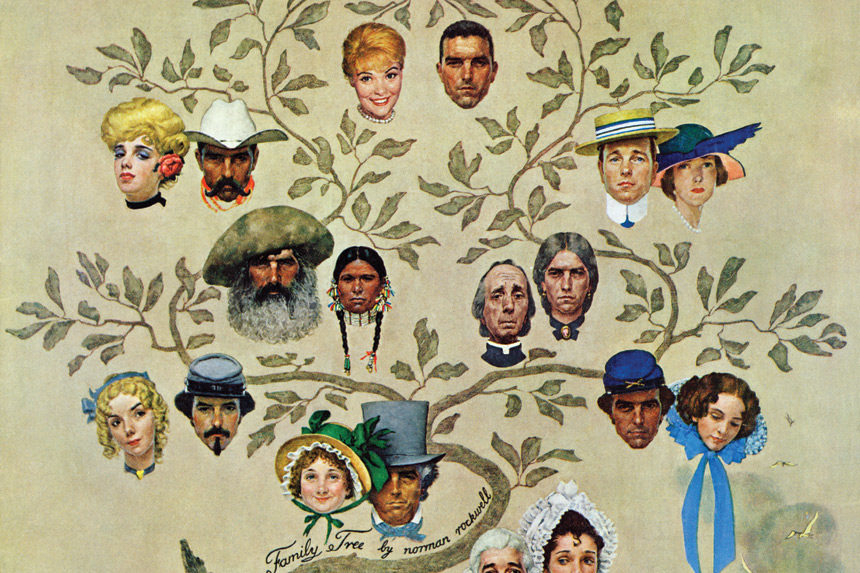 Illustration of Norman Rockwell's family tree, showing members in stylized period dress. At the roots of the tree, his ancestors are pirates. At the top is a young child.