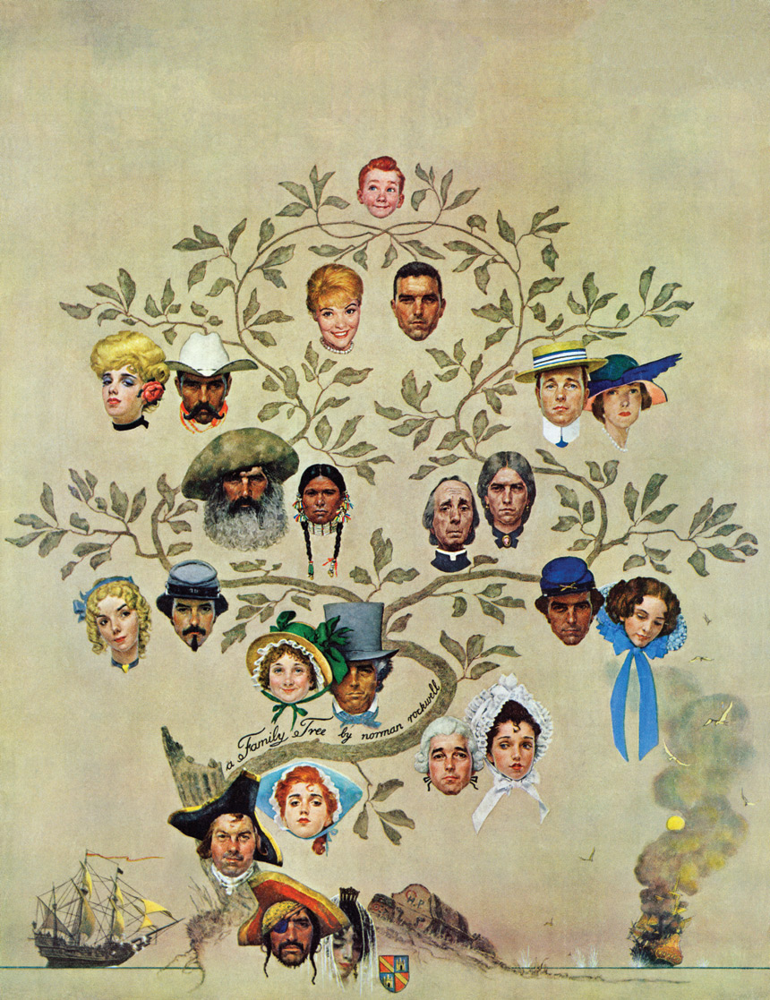 Illustration of Norman Rockwell's family tree, showing members in stylized period dress. At the roots of the tree, his ancestors are pirates. At the top is a young child.