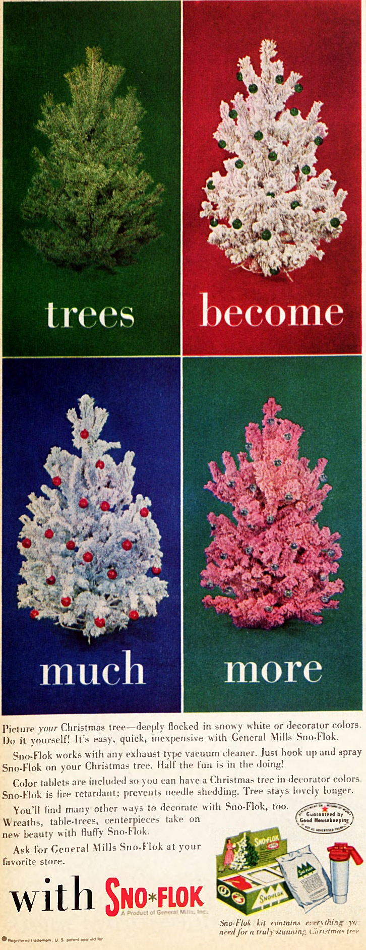 An ad for Sno-Flok, a spray that covers a Christmas tree with a snow-like substance.