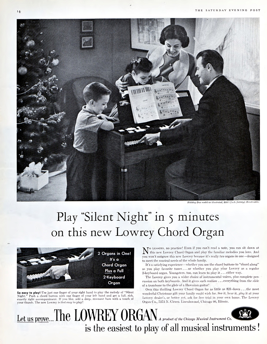 Advertisement for a home organ player, with father at the keys while his family watches.