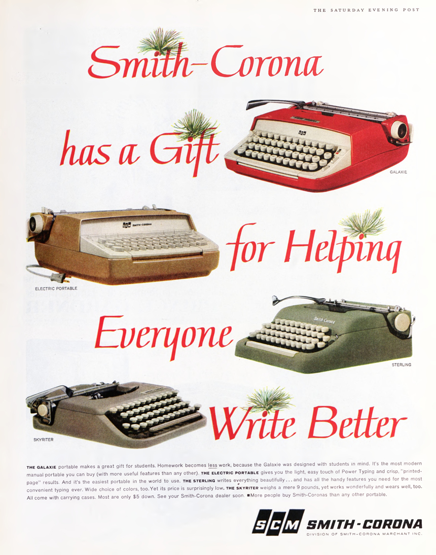 Christmas advertisement for Smith-Corona typewriters, in an assortment of colors.