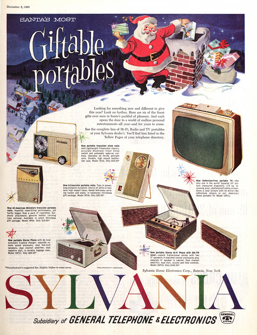 Christmas advertisement for portable house appliances, such as a television, radio, and clock radios.