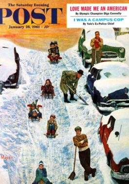 Children sled as fathers dig autos out of snow