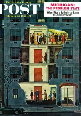 Illustration showing the a party holding up an apartment building's elevator
