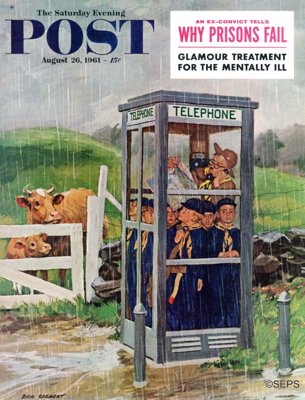 Post cover depicting a cub scout troupe crammed in a telephone booth to escape the rain.