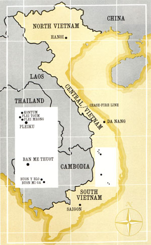 "Map of Southeast Asia show battleground (white area) in mountain terrain of South Vietnam."