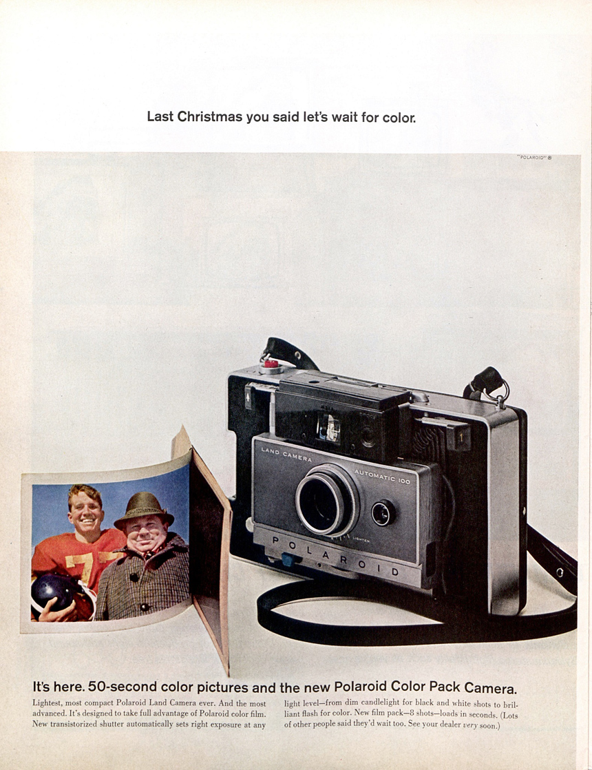 Advertisement for a Polaroid instant color camera, with a developed image of a father and son set next to it.