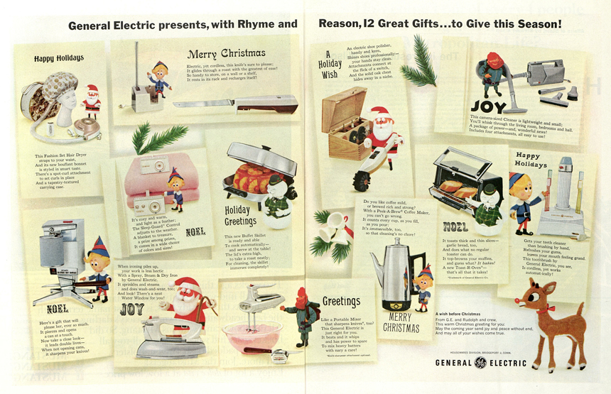 Advertisement for small household appliences, with characters from the vintage "Rudolph the Red-nosed Reindeer" television special.