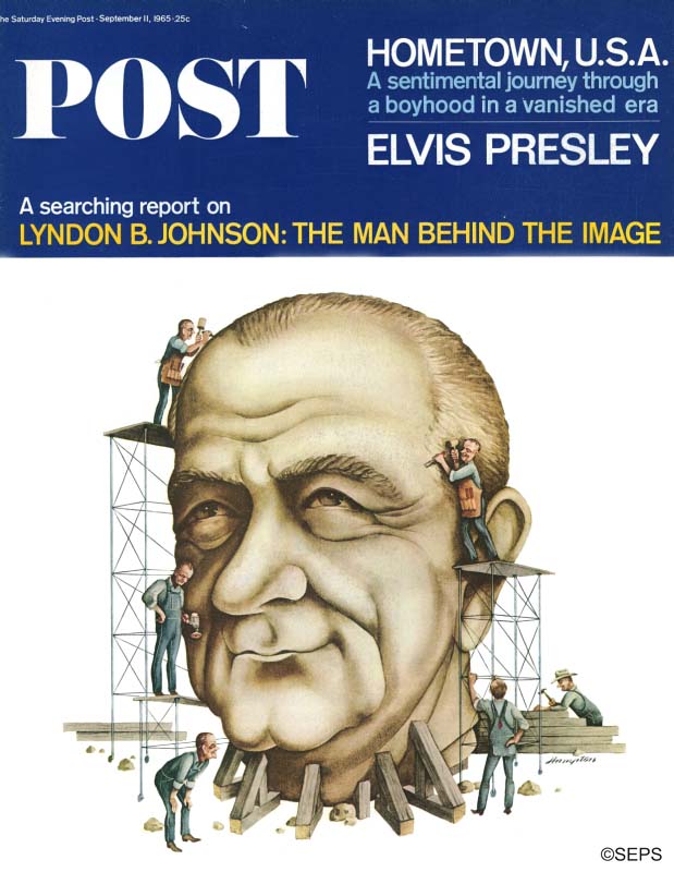 Cartoon of sculpters working on a giant bust of Lyndon B. Johnson