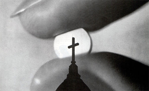 Birth control pill behind church steeple