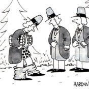 Pilgrims realize that they used their belts to buckle their hats but not their pants.