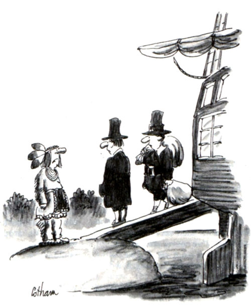 Two pilgrims talking to a 