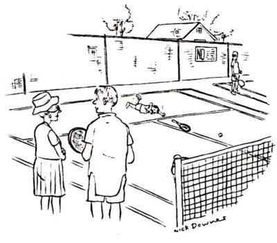 A tennis coach is watching one of his students play with the kid's mom. The kid is throwing a fit on the tennis court. The coach leans over to the boy's mother and says that the kid is acting like a champion would.