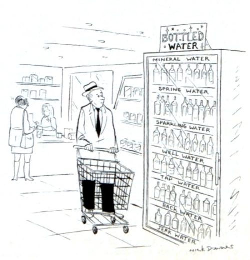 Man shops for water in a supermarket. The cooler is filled with water bottles marked: "Mineral Water," "Spring Water," "Well Water," "Tap Water," "Back Water," and "Jerk Water."