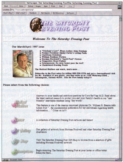 Screen shot of The Saturday Evening Post home page in 1997
