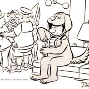 Man in a dog suit takes a glass of whiskey at a Halloween party