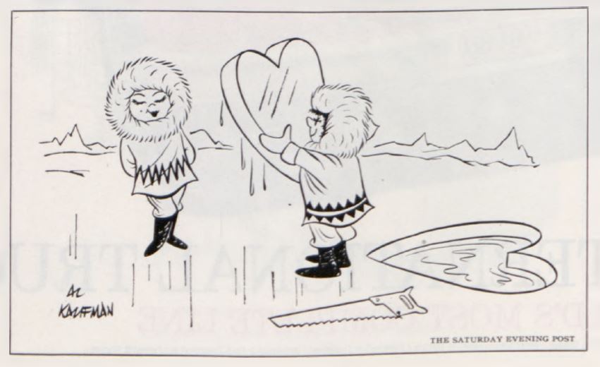 Two people in stereotypical Inuit clothing share a Valentine's heart made out of ice carved from a frozen lake's surface.