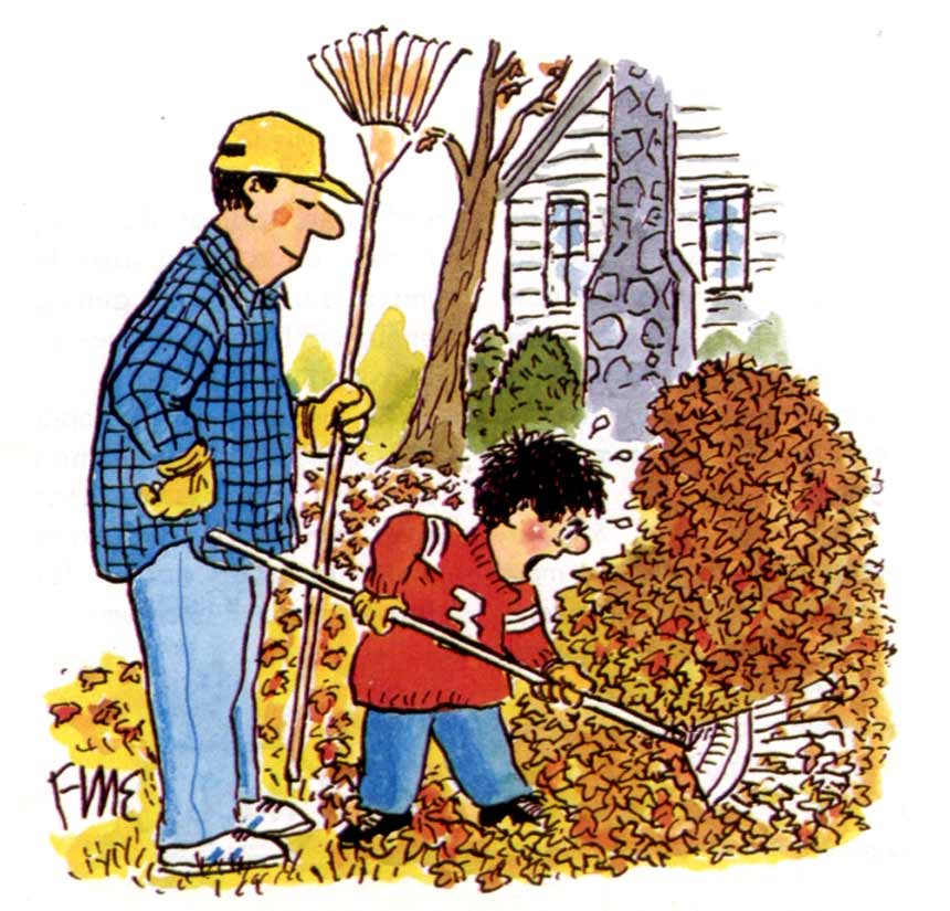 Impatient boy rakes leaves while his father looks on.