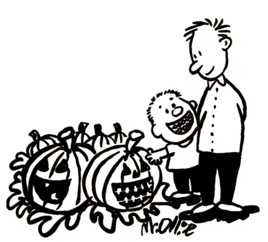 Boy with braces points approvingly at a Jack-O'Lantern to his father. The pumpkin is also wearing braces.