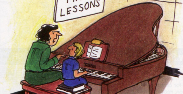 Piano teacher scolding her student as they sit at a grand piano,