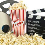 popcorn, film reel, and movie clapboard