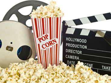 popcorn, film reel, and movie clapboard