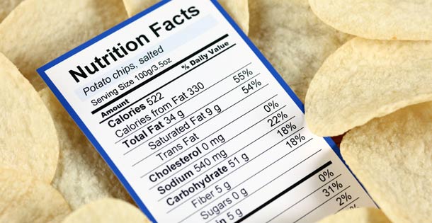 Nutrition label in a pile of salty potato chips