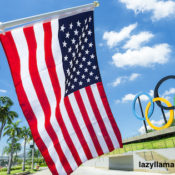USA flag in front of the olympic rings