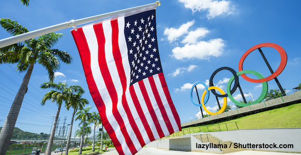 USA flag in front of the olympic rings