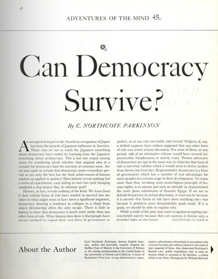 Front page of the article "Can Democracy Survive?"