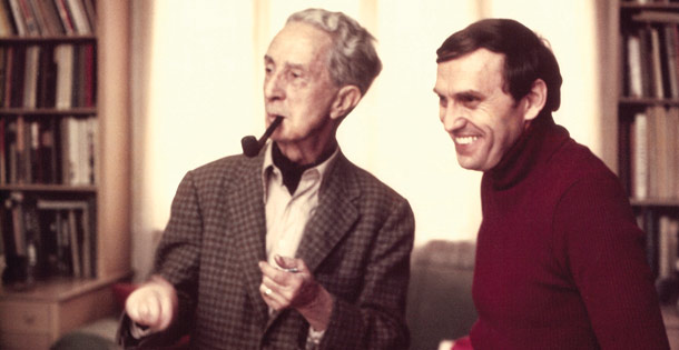 Joseph Csatari and Norman Rockwell in Rockwell's art studio