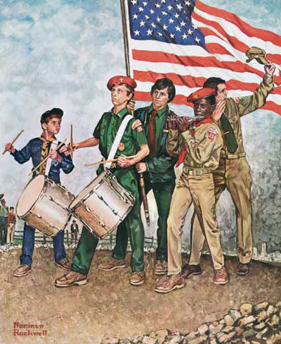 Boy Scouts perfoming a Spirit of '76 essemble in front of an American flag in the wind