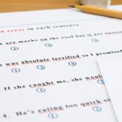 A grammar test marked up by an unseen grader.