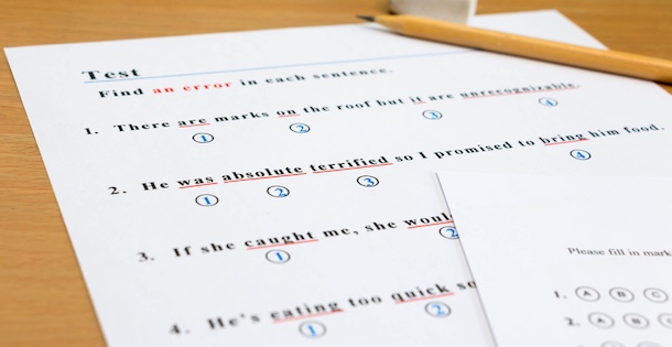A grammar test marked up by an unseen grader.